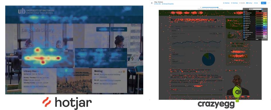 #A Hotjar mouse movement map (left) vs. a Crazy Egg confetti map (right)