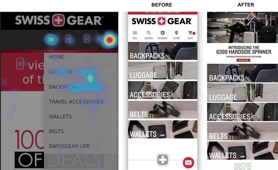 #Hotjar Heatmaps showed The Good how Swiss Gear users experienced mobile content filters (left) and led to an elegant new design (the two designs on the right)