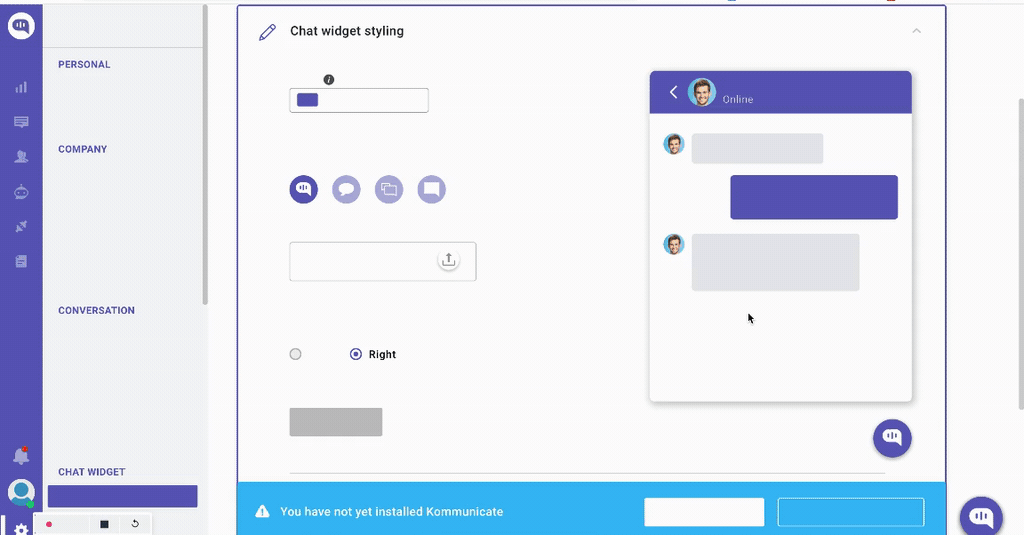 #Guia interativo da Kommunicate para personalizar o widget de bate-papo