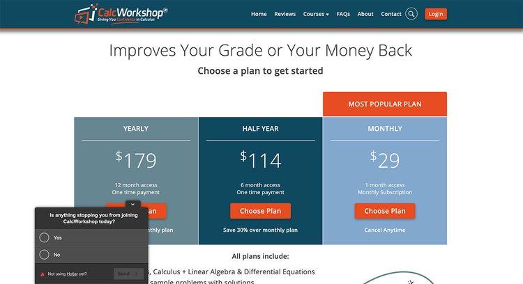 #A pricing page survey on the CalcWorkshop website catches users before they exit