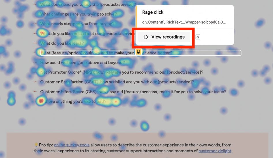 #A rage click map in Hotjar—click ‘View recordings’ to see sessions of frustrated users