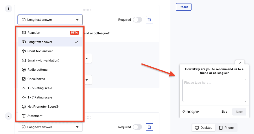 #Different question types available in Hotjar Surveys