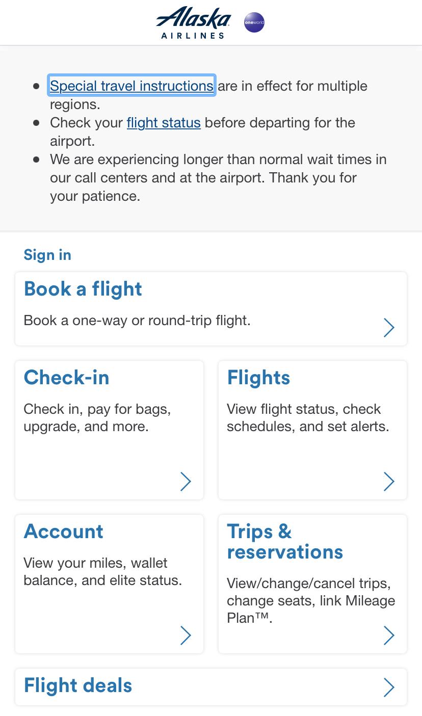 #While Alaska Airlines’ mobile site isn’t bad, it doesn’t provide the same quality experience as their desktop site.