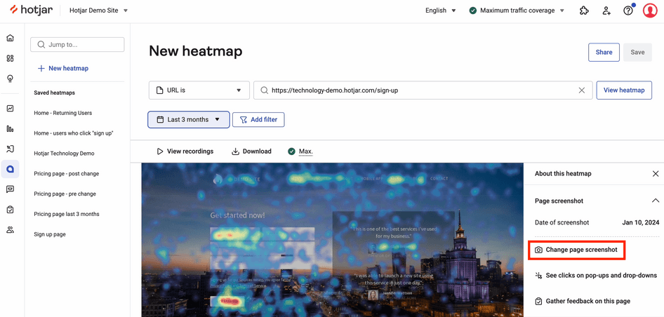 #Change page screenshots in Hotjar to view a heatmap on dynamic content