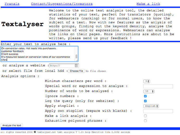 <#Copy and paste your data into textalyser and click ‘analyze the text’
