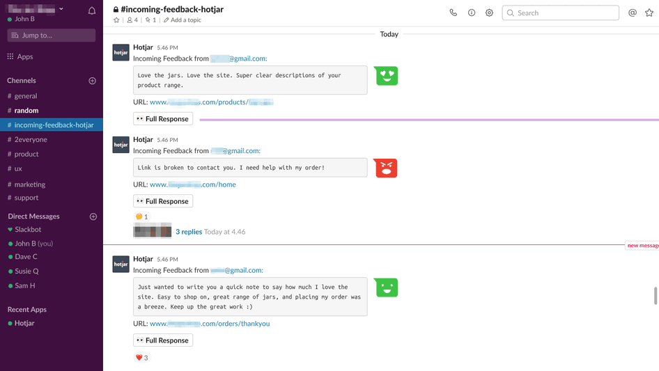 Hotjar feedback automatically shared in a Slack channel