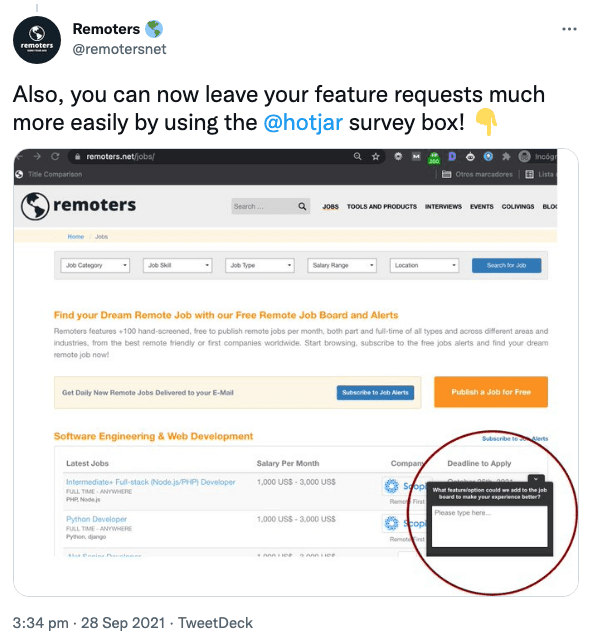 #A Hotjar survey on Remoters, asking for product feature requests from users