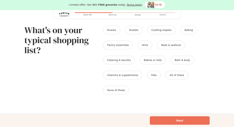 #ThriveMarket.com offers an onboarding quiz to customize the shopping experience
