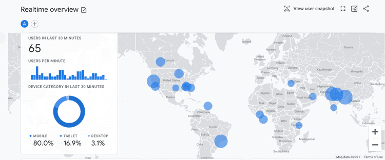 #Un mapa de la ubicación de los visitantes de un sitio web en tiempo real en GA4.