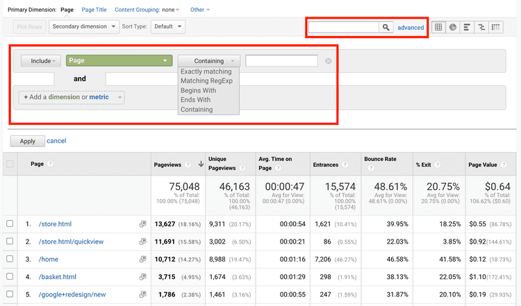 #The advanced search feature in a Google Analytics data table