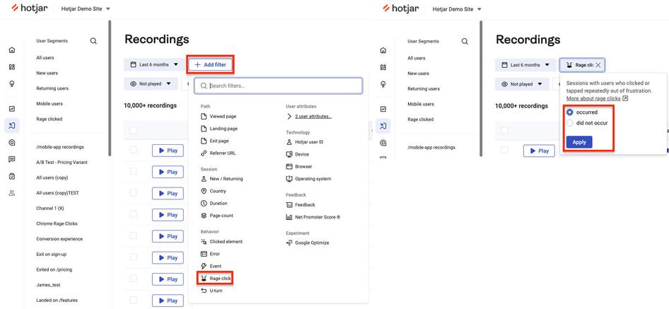 #How to filter Hotjar Recordings by rage click