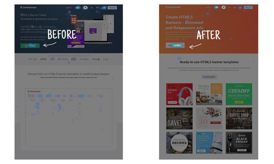 #A landing page heatmap showing clicks before and after a redesign