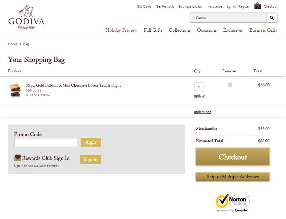 #The Godiva shopping cart includes a Norton trust badge under the checkout button as proof of a secure payment gateway
