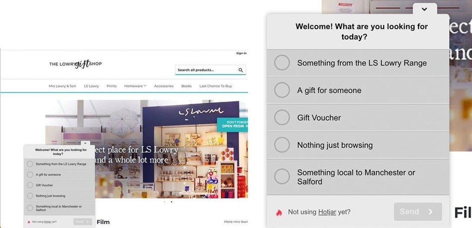 #The Hotjar Survey used by The Lowry Gift Shop to learn why people visited the site