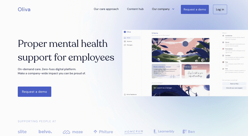 #Oliva Health’s homepage is clean and coherent, and its interactive elements keep users engaged while clearly walking them through how the product works.