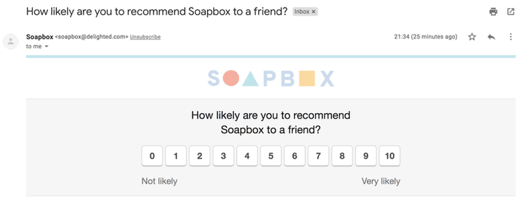#Exemple d’enquête NPS par e-mail de Soapbox (qui fait partie de la société de logiciels vidéo Wistia)