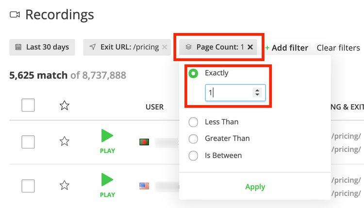 #The ‘page count’ filter in the Hotjar session recordings dashboard