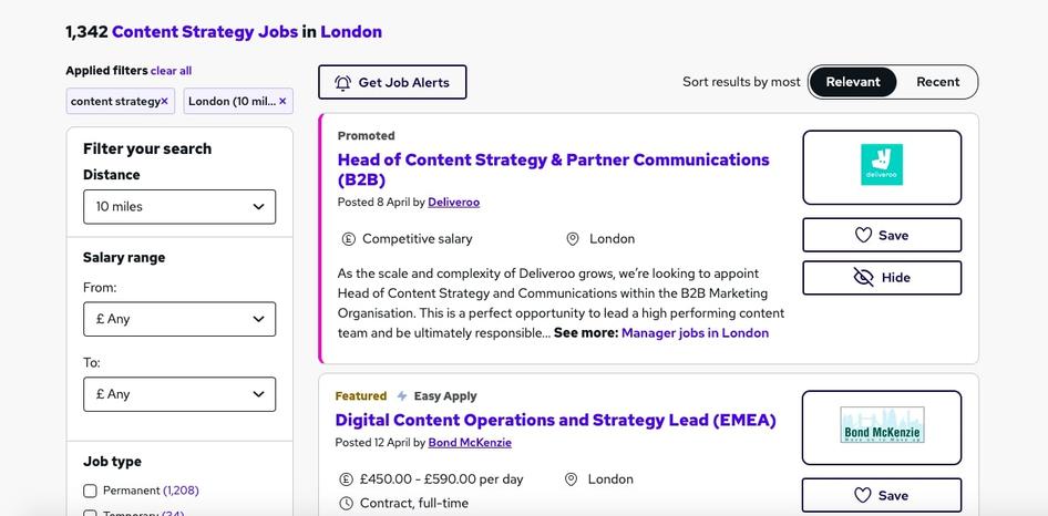 #Reed.co.uk’s job marketplace layout makes it easy for users to browse even though they’ve got over 1000 listings to make their way through.