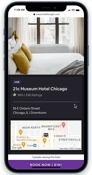 #Hotel Tonight puts quick reference hotel details at the top of the mobile page, like guest rating and location

