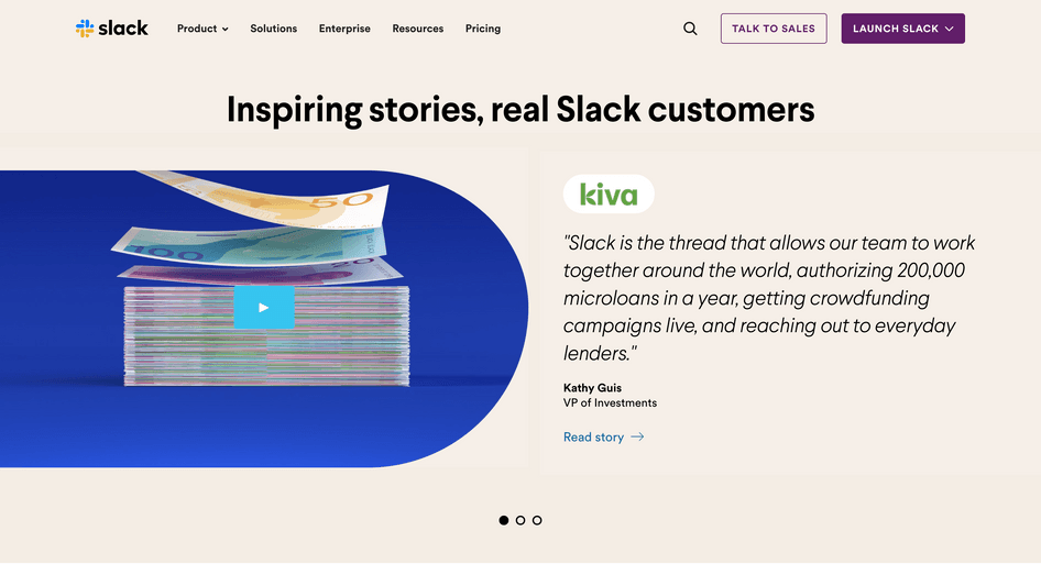 #Slack’s customer success page includes testimonials with videos and links to case studies