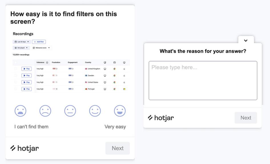 #Reaction (left) and text-based (right) concept testing questions created in Hotjar Surveys