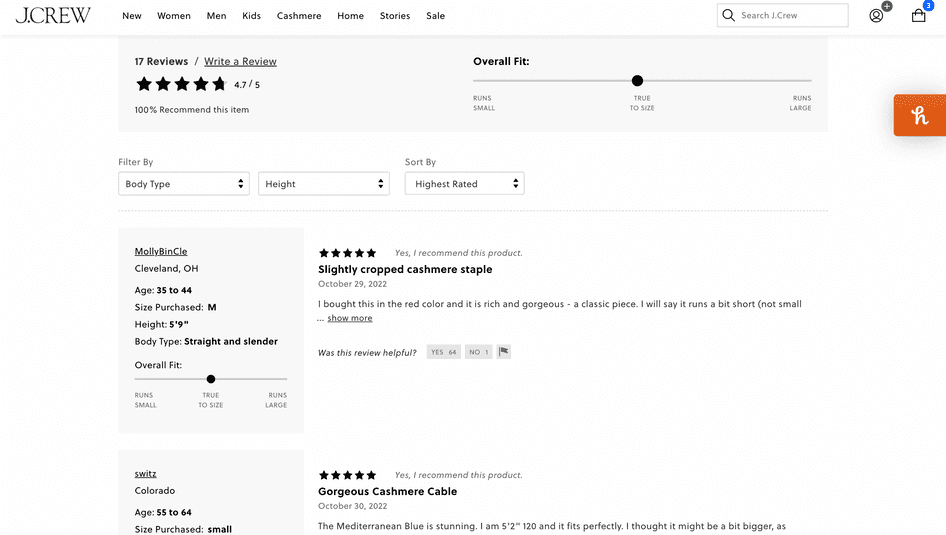 #J.Crew lets users filter reviews by body type, height, and rating—and shows users the average fit on a sliding scale based on reviews.