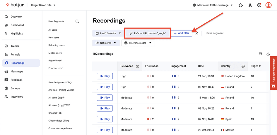 #Using Hotjar to filter session recordings by referrer URL to see how organic visitors browse