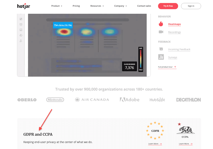 <#GDPR and CCPA logos on the Hotjar homepage, with links for more compliance details
