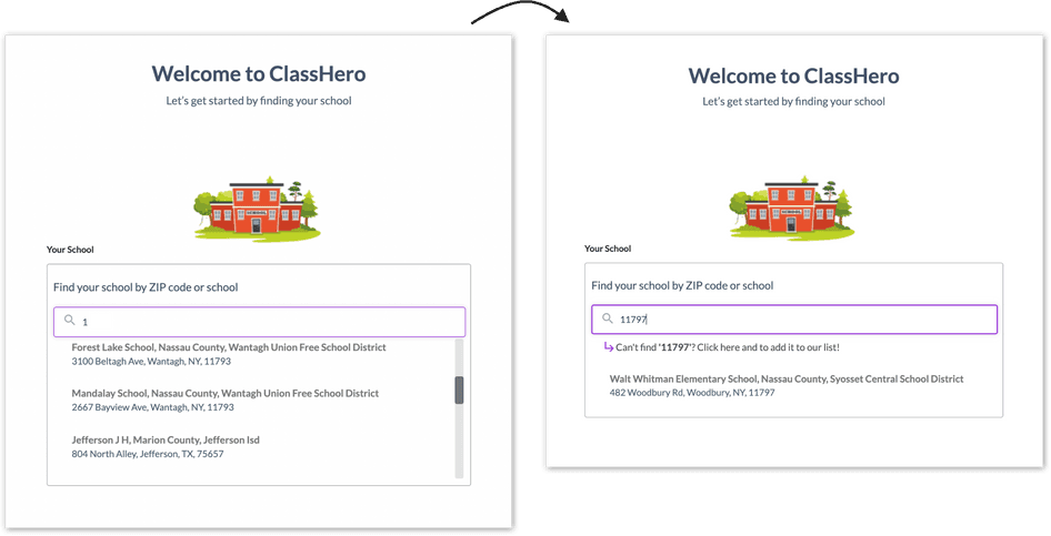 #Left: ClassHero’s old page showing thousands of results immediately. 
Right: ClassHero’s new page shows results only once the user has entered four numbers.