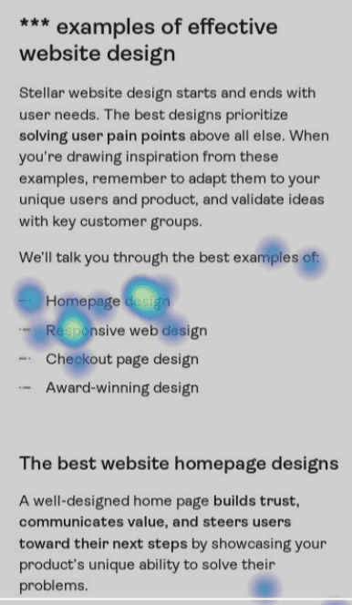#A Hotjar heatmap of where users click on mobile when reading a guide on web design examples