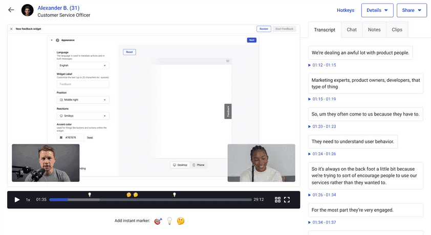 #An interview video and time-stamped transcript created with Hotjar Engage