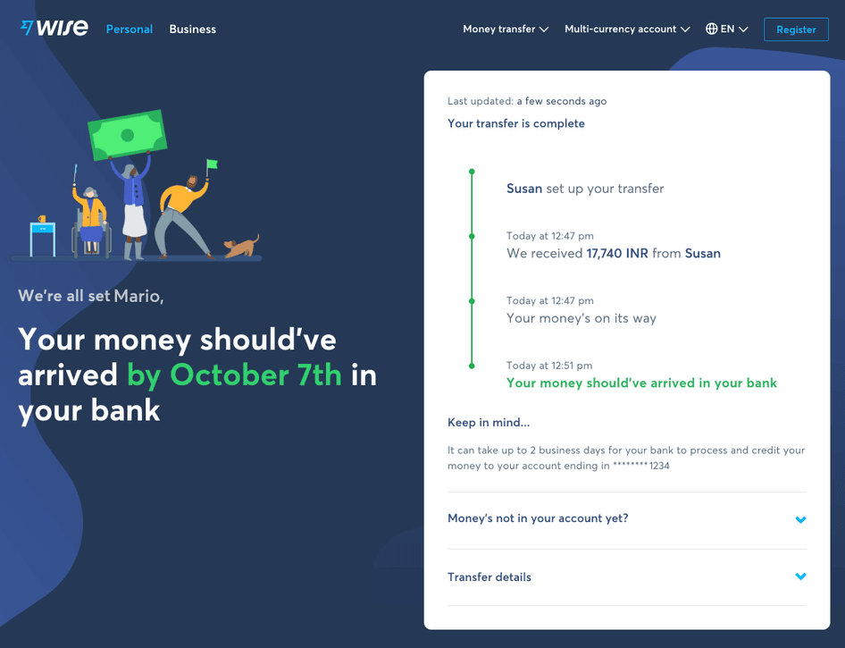 Money transfer confirmation screen in Wise 