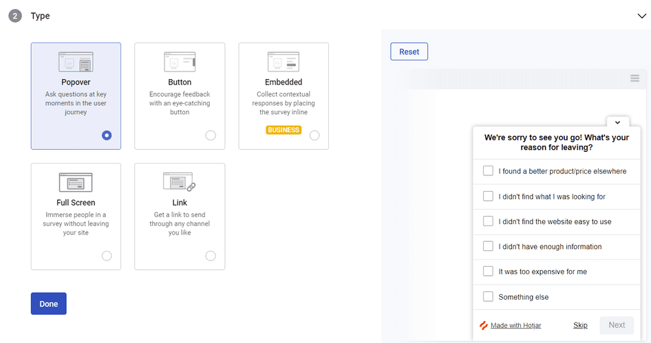 #In Hotjar’s survey builder, you can preview what each survey type looks like. This one is a pop-up checkbox survey.

