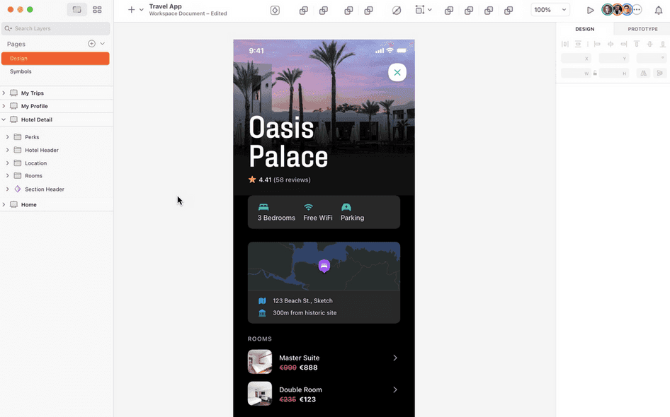 #Example of a travel app’s UI in Sketch.
