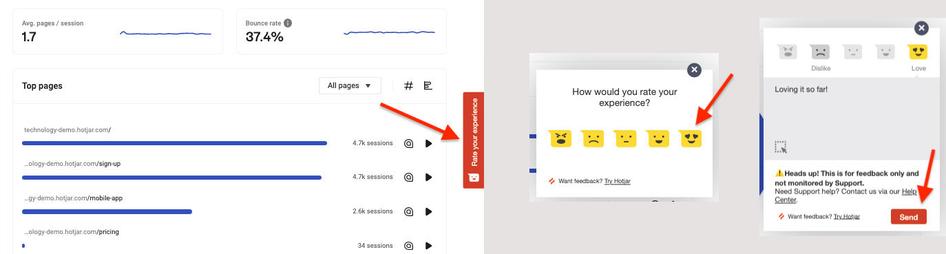 #Clicking the Hotjar Feedback widget lets any user rate their experience, leave a comment, and tag page elements