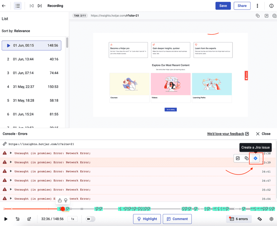 #Creating a Jira issue when console tracking in Hotjar Recordings