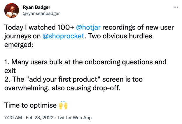 #Ryan Badger Tweet—customer feedback from Hotjar 