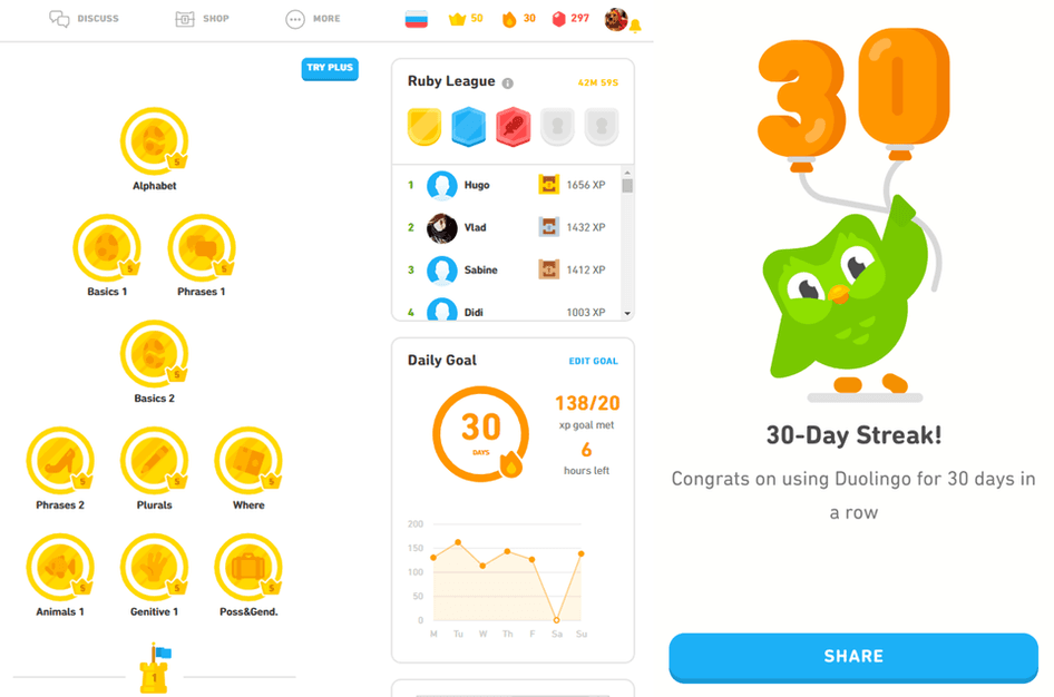 #Duolingo setzt Figuren ein, die den Lernenden gratulieren, ihnen Auszeichnungen verleihen oder sie beim Bewältigen einer Aufgabe unterstützen