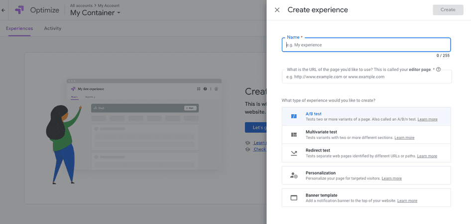 #Creating a new experiment in Google Optimize