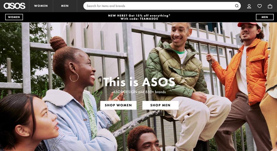 #La página de inicio de ASOS es visualmente atractiva, con botones bien situados. Fuente de la imagen: asos.com