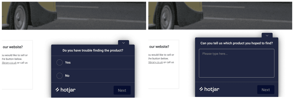 #Web design agency NerdCow used Hotjar Surveys to add a yes/no survey on The Transport Library’s website, and followed it up with an open-ended question for more insights