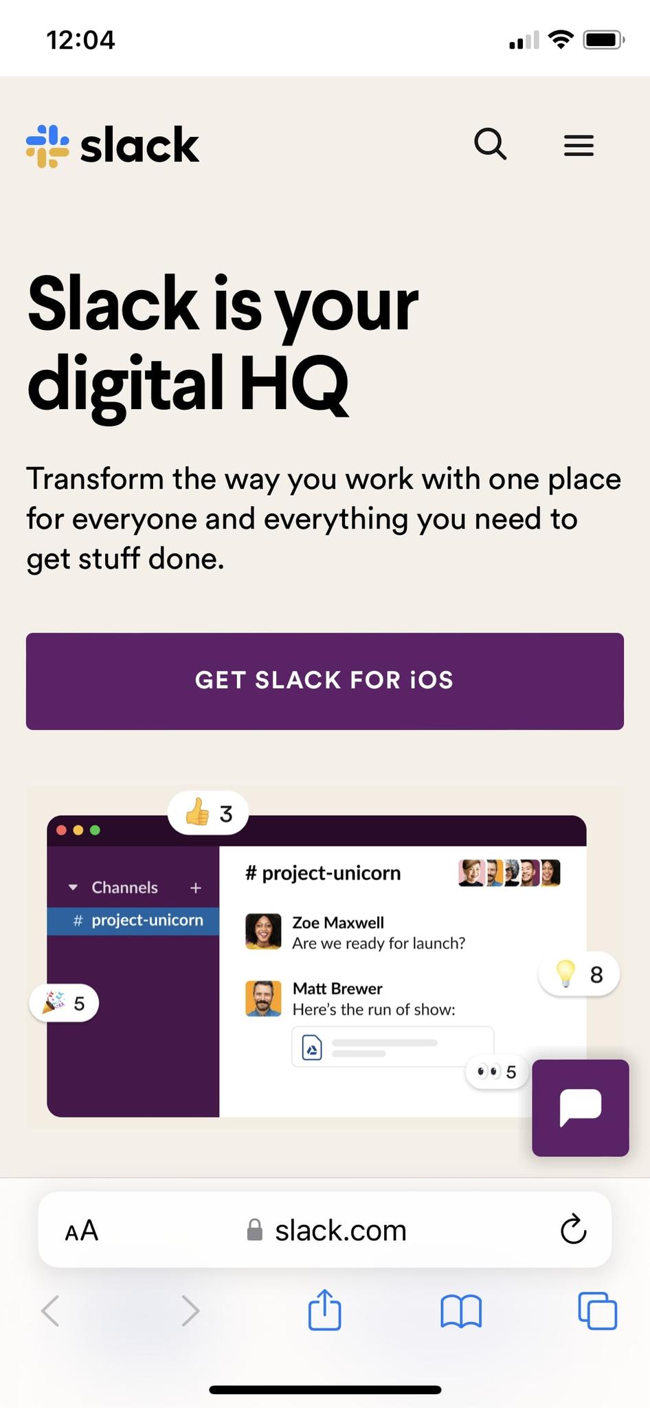 #Screenshot of Slack’s mobile site
Source: Slack 