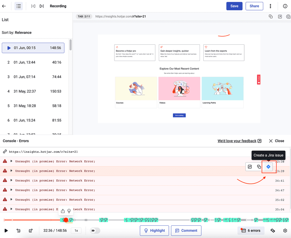 #Creating a Jira issue when an error is found in Hotjar Recordings