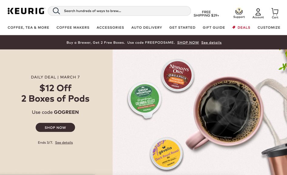 #The Keurig landing page combines design aesthetics with usability. Image source: Keurig.com