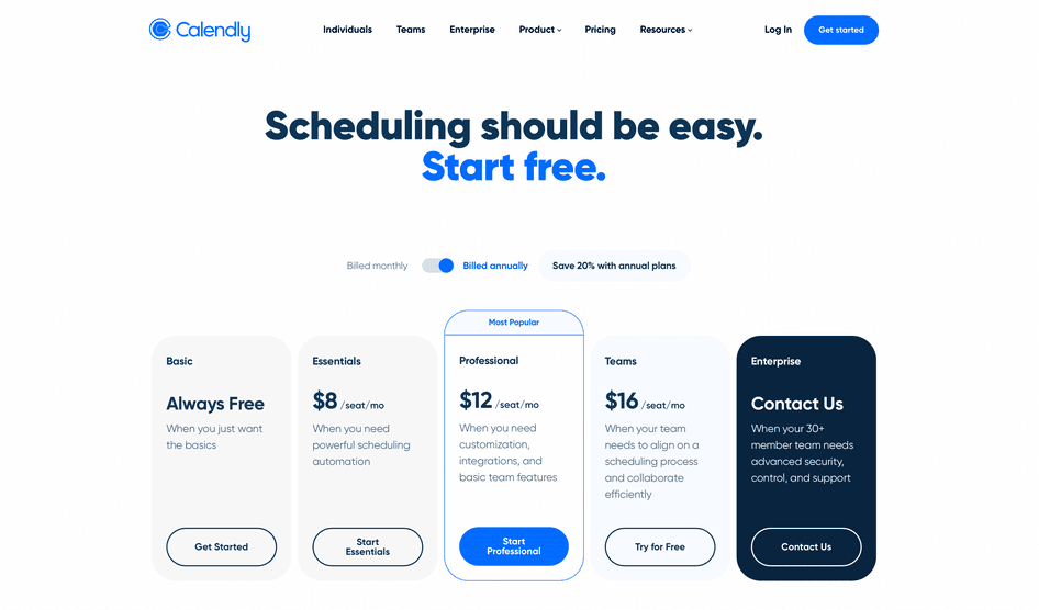 #Calendly’s pricing page highlights both free and paid versions of their product