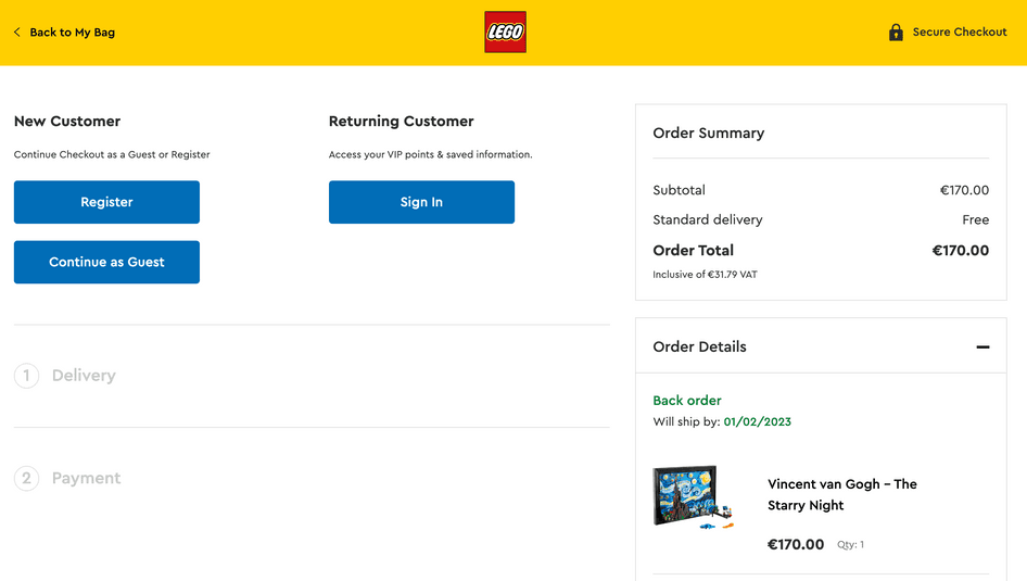 #LEGO offers multiple checkout options so shoppers can create an account or continue as a guest.