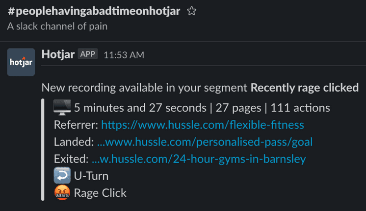 #Hussle’s Slack channel of pain, featuring rage clicks from Hotjar recordings
