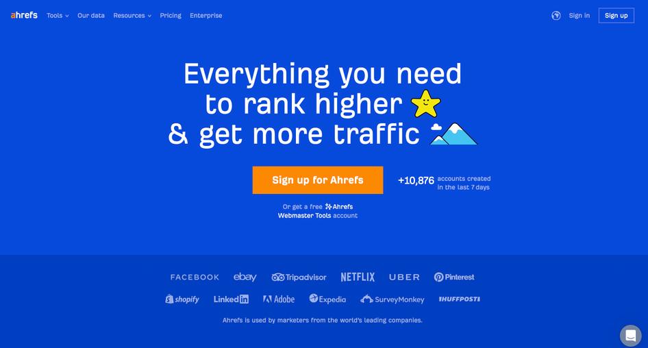 #The Ahrefs website helps visitors move through customer journey stages with a clear value proposition and prominent CTAs 