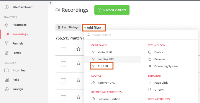 #The ‘Exit URL’ field in the Hotjar session recordings dashboard