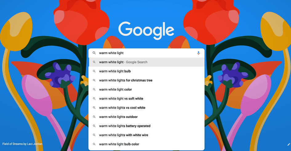#Typing ‘warm white light’ into Google generates a list of similar keyword phrases.